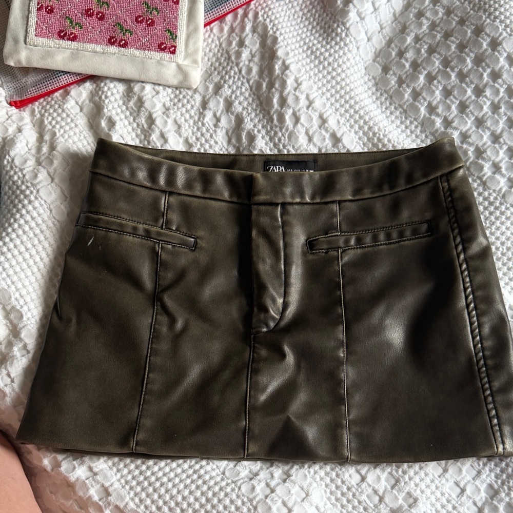 Zara Dark Olive Faux Leather Mini Skirt